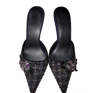 Pelle Moda Tweed Fabric Mules With Rhinstone Embellishment Size 6 M